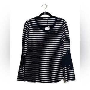 Zara Top Sz L Black/White Stripes Linen Blend Long Sleeves Lace Detail